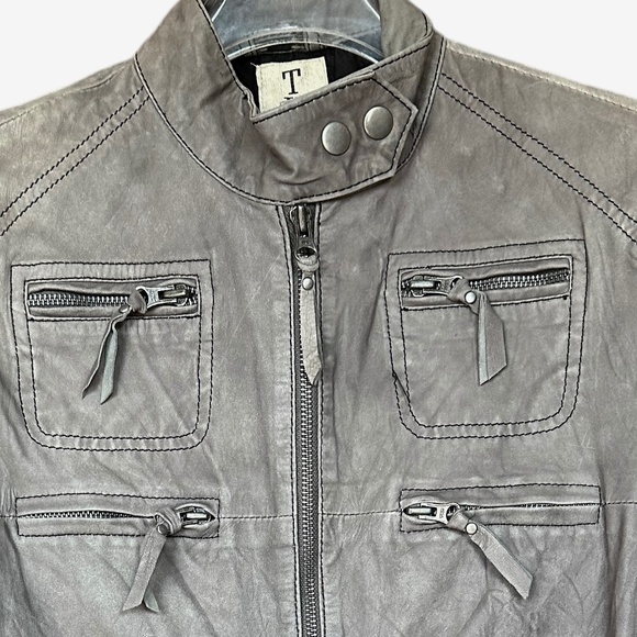 Tusso Grey 100% Leather Zippered Detailed Jacket Sz M - Picture 3 of 8